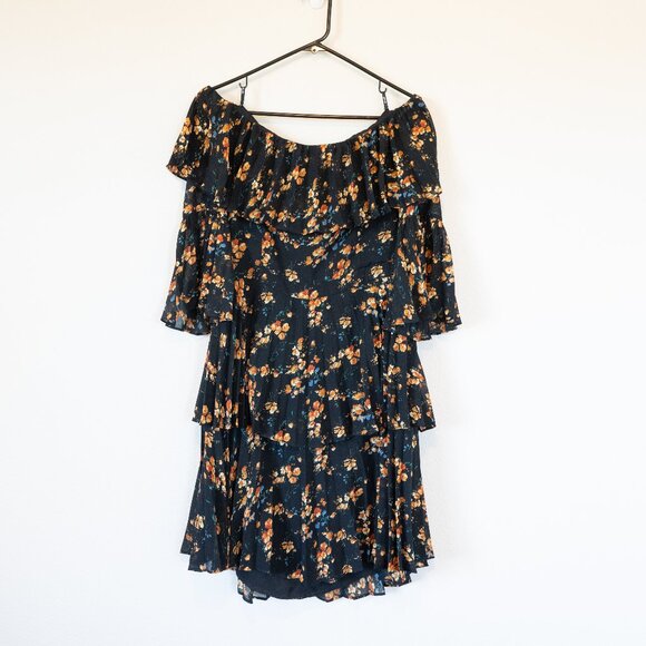 Bardot Tiered Ruffle Black and Orange Floral Boho Dress Size 10/L - Picture 1 of 11